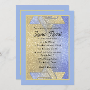 Glittery Gradient Bat Mitzvah Blue Invitation Kaart