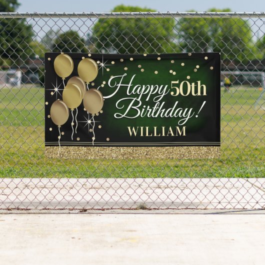 Glittery Green en Gold Happy Birthday-banner Spandoek (Insitu)