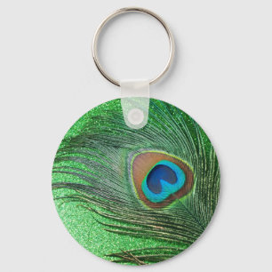 Glittery Green Peacock Feather still Life Sleutelhanger