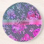 Glittery Hot Pink en Blauwgroen Floral Zandsteen Onderzetter (Voorkant)