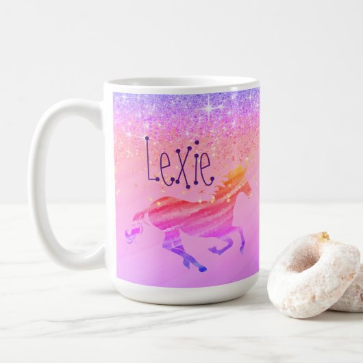 Glittery Lavender Pink Unicorn Cafe Mug (Avec donut)