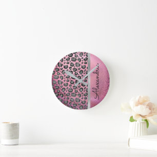 Glittery Leopard Print op Glansy Hot Pink  Ronde Klok