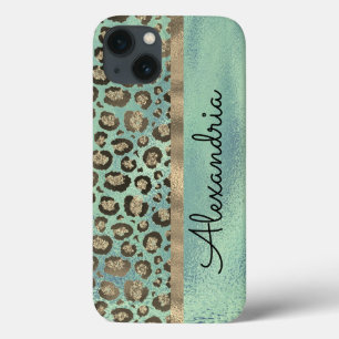 Glittery Leopard Print op Glossy Green iPhone 13 Hoesje