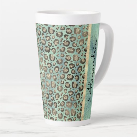 Glittery Leopard Print op Glossy Green    Latte Mok (Rechterhoek)
