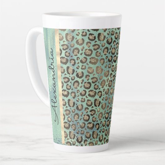 Glittery Leopard Print op Glossy Green    Latte Mok (Linkerhoek)