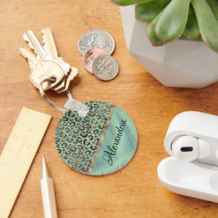Glittery Leopard Print op Glossy Green Sleutelhanger