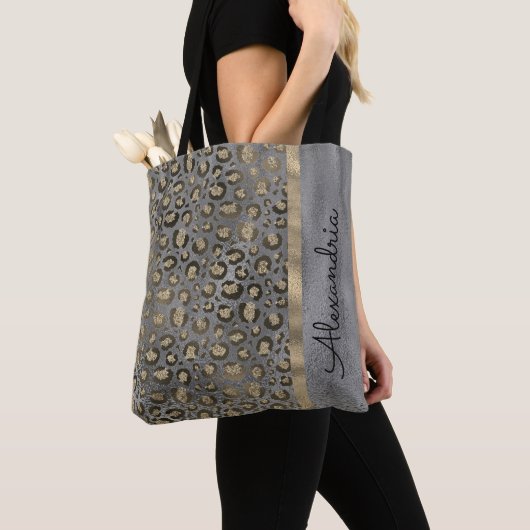 Glittery Leopard Print op Glossy Grey Draagtas (Dichtbij)