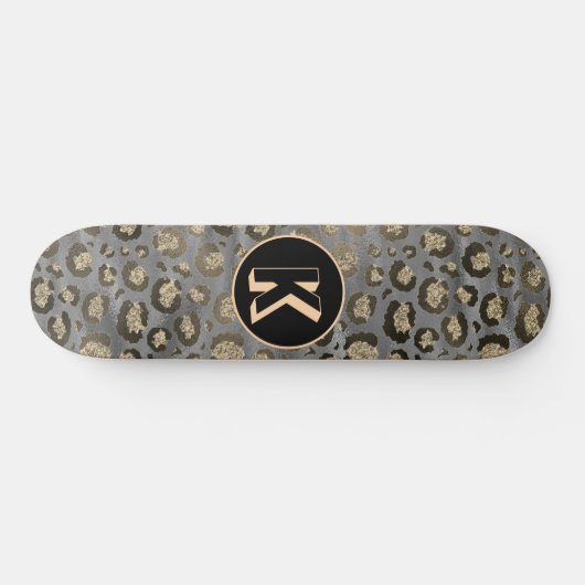 Glittery Leopard Print op Glossy Grijs Monogram Skateboard (Horizontaal)