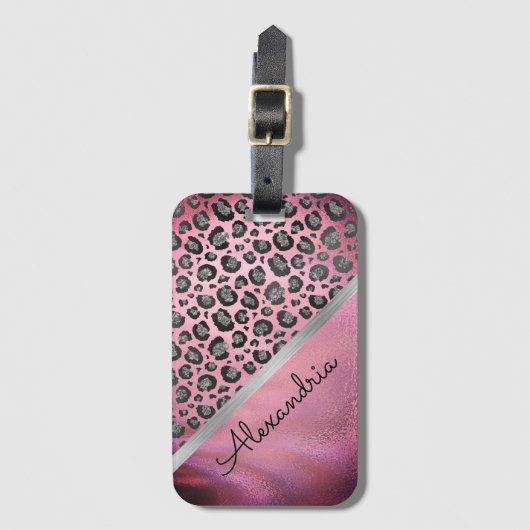 Glittery Leopard Print op Glossy Hot Pink Bagagelabel (Voorkant (verticaal))