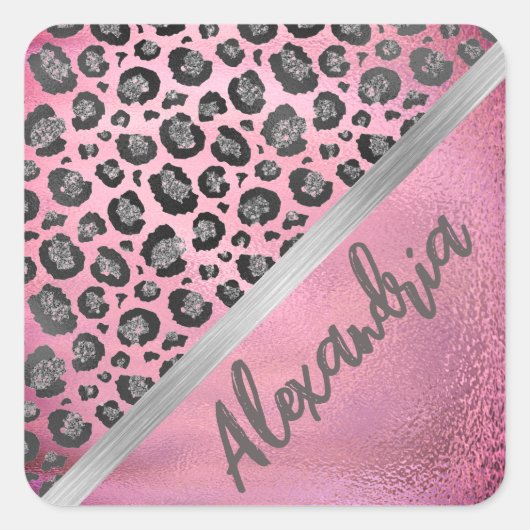 Glittery Leopard Print op Glossy Hot Pink Vierkante Sticker (Voorkant)