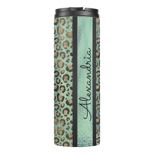 Glittery Leopard Print op groen gepersonaliseerd Thermosbeker (Achterkant)