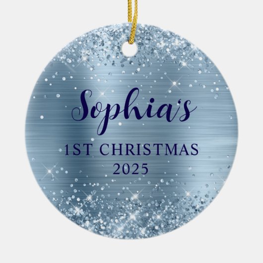 Glittery Light Blue Foil 1st Christmas Photo Keramisch Ornament (Voorkant)