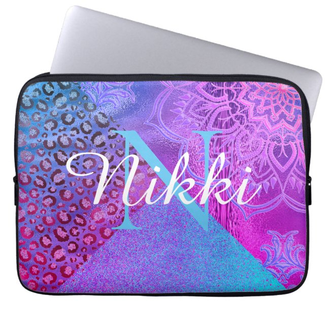 Glittery Lotus Leopard Monogram Laptop S Sleeve (Voorkant)