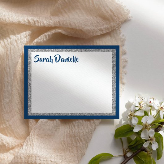 Glittery Navy Blauw en Zilver Dank u Platte Kaart