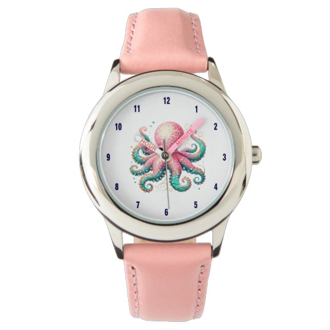 Glittery Octopus op wit Horloge (Voorkant)