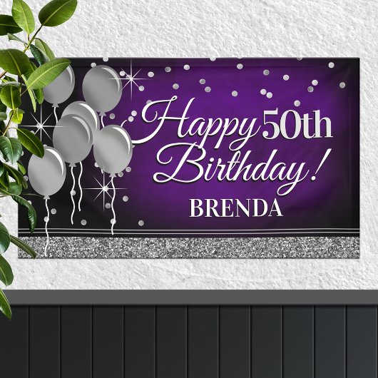 Glittery Paars en Silver Happy Birthday Banner