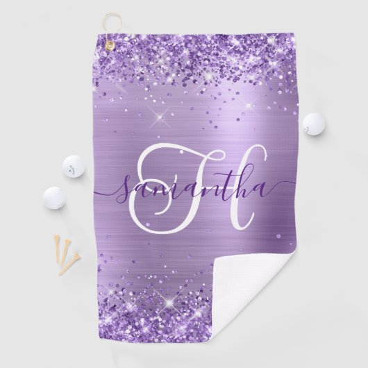 Glittery Paars Glam Monogrammed Golfhanddoek (Insitu)