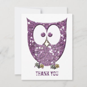 Glittery Paarse Bling Owl Flat Dank u wel Notitiekaartje