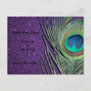 Glittery Paarse Peacock Save the Date Briefkaart