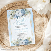 Glittery Pastel Blue White Peonies Sweet 16 Invite Kaart