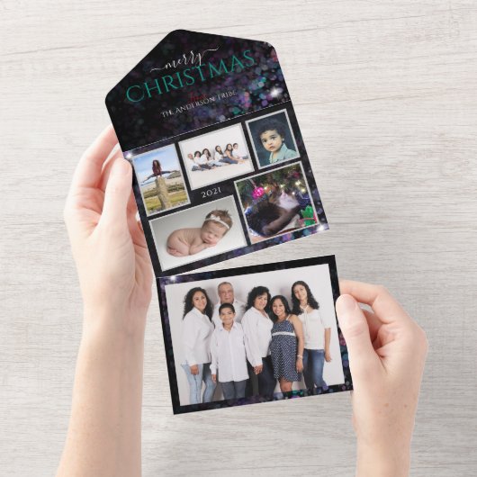 Glittery Persoonlijke familiefoto's Kerstkaart All In One Uitnodiging (Afscheurbaar)