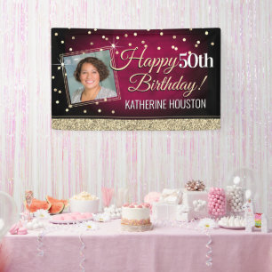 Glittery Pink en Gold Happy Birthday-banner Spandoek