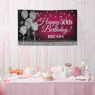 Glittery Pink en Silver Happy Birthday-banner Spandoek