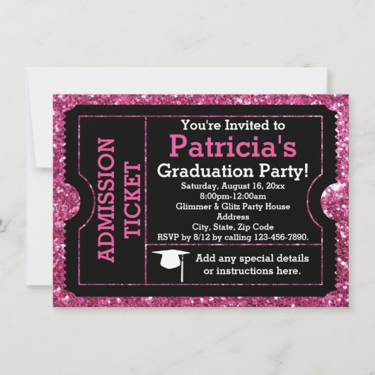 Glittery Pink Graduation Party Ticket Invitation Kaart (Voorkant)