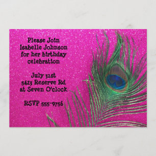 Glittery Pink Peacock Birthday Uitnodiging