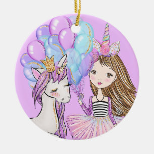 Glittery Pink Unicorn Girls Birthday Keramisch Ornament