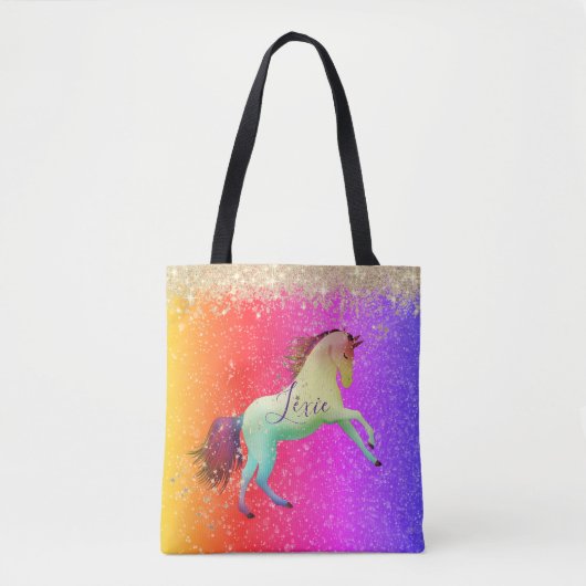 Glittery Rainbow Unicorn gepersonaliseerd Draagtas (Voorkant)