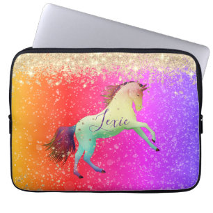 Glittery Rainbow Unicorn gepersonaliseerd Laptop Sleeve