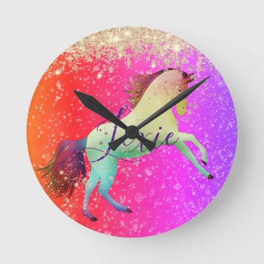 Glittery Rainbow Unicorn Ronde Klok (Voorkant)