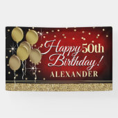 Glittery Red en Gold Happy Birthday-banner Spandoek (Horizontaal)