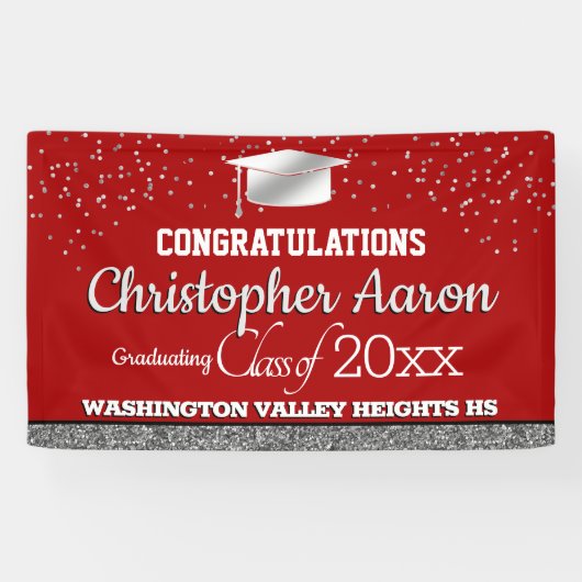 Glittery Red en Silver Afstuderen Spandoek (Horizontaal)