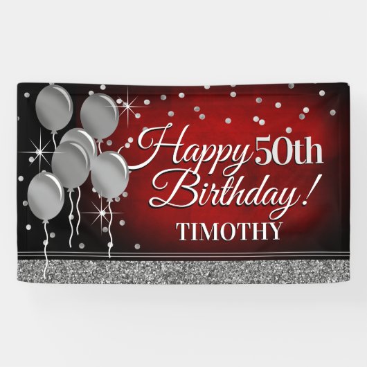 Glittery Red en Silver Happy Birthday-banner Spandoek (Horizontaal)