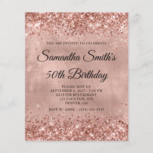 Glittery Roos Gold 50th Birthday Monogram Invite Flyer (Voorkant)