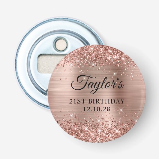 Glittery Roos Gold Foil 21st Birthday Button Flesopener (Voorkant)