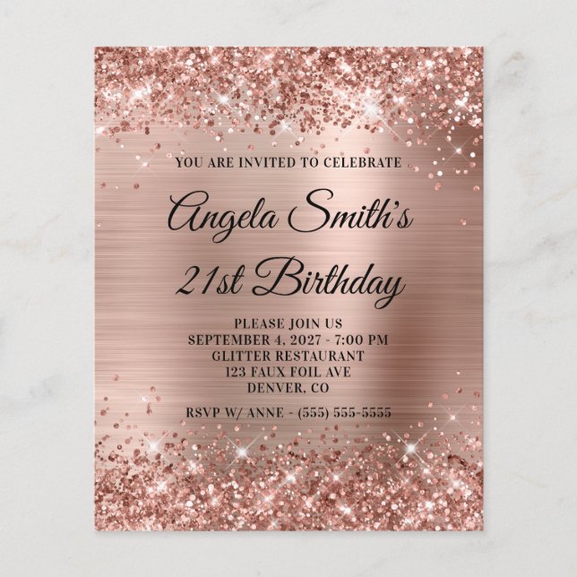 Glittery Roos Gold Foil 21st Birthday Invite (Voorkant)
