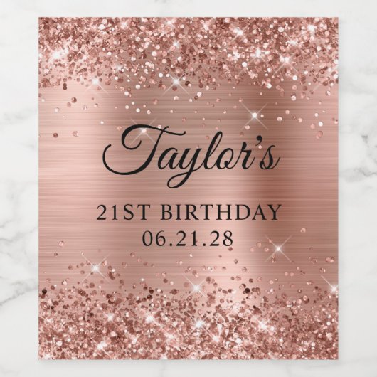 Glittery Roos Gold Foil 21st Birthday Wijn Etiket (Enkel label)