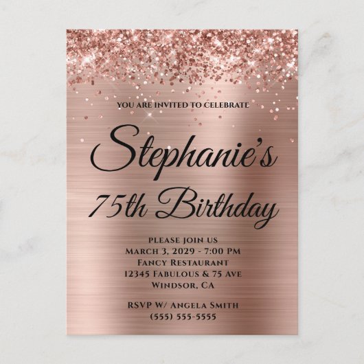 Glittery Roos Gold Foil 75th Birthday Uitnodiging Briefkaart (Voorkant)
