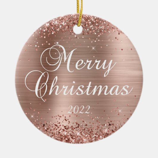 Glittery Roos Gold Foil Merry-kerstfoto Keramisch Ornament (Voorkant)