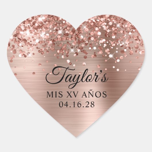 Glittery Roos Gold Foil Mis XV Años Hart Sticker (Voorkant)