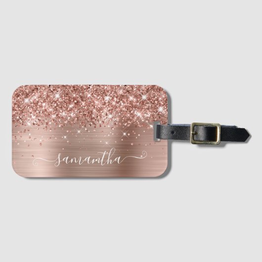 Glittery Roos Gold Foil Modern Girly Signature Bagagelabel (Voorkant (horizontaal))
