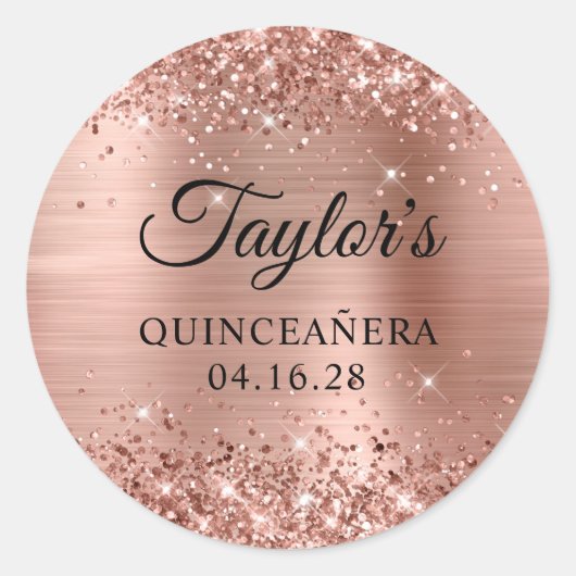 Glittery Roos Gold Foil Quinceañera Ronde Sticker (Voorkant)