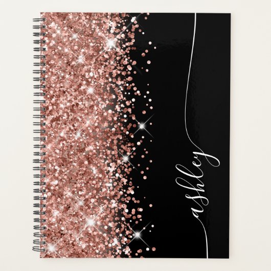 Glittery Roos Gold Glam Black Elegant Script Planner (Voorkant)