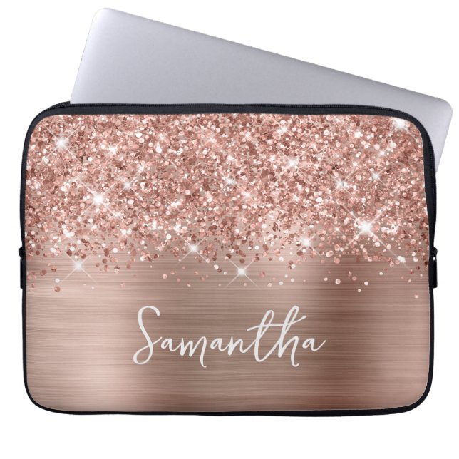 Glittery Roos Gold Glam Name Laptop Sleeve (Voorkant)
