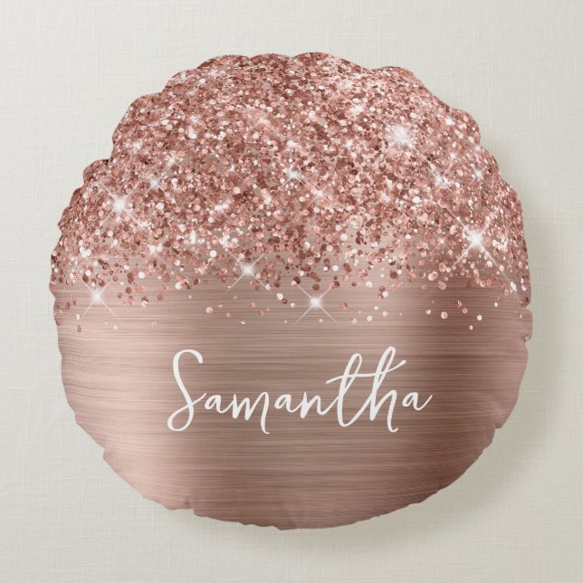 Glittery Roos Gold Glam Script Name Rond Kussen (Voorkant)