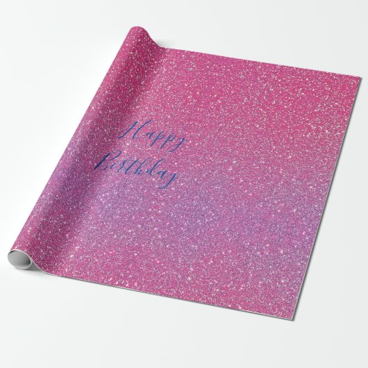 Glittery Roos Gold Pink Blue Ombre Happy Birthday Cadeaupapier (Uitgerold)