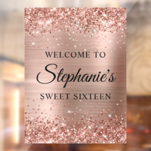 Glittery Roos Goudfolie Sweet Sixteen Welkom Raamsticker